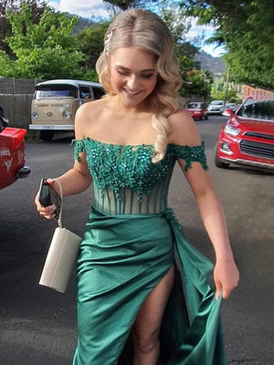 Korla | Off the Shoulder Satin Beaded Prom Dress With Appliques