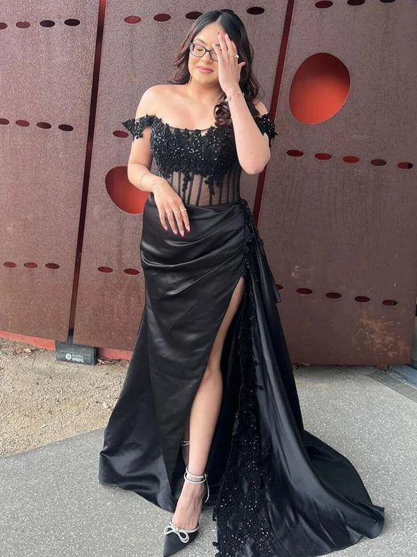 Korla | Off the Shoulder Satin Beaded Prom Dress With Appliques