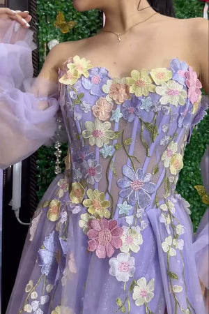 Lavender A-Line Strapless Tulle Prom Dress with 3D Flowers – Prom Dresses by KissProm | Available at KissProm