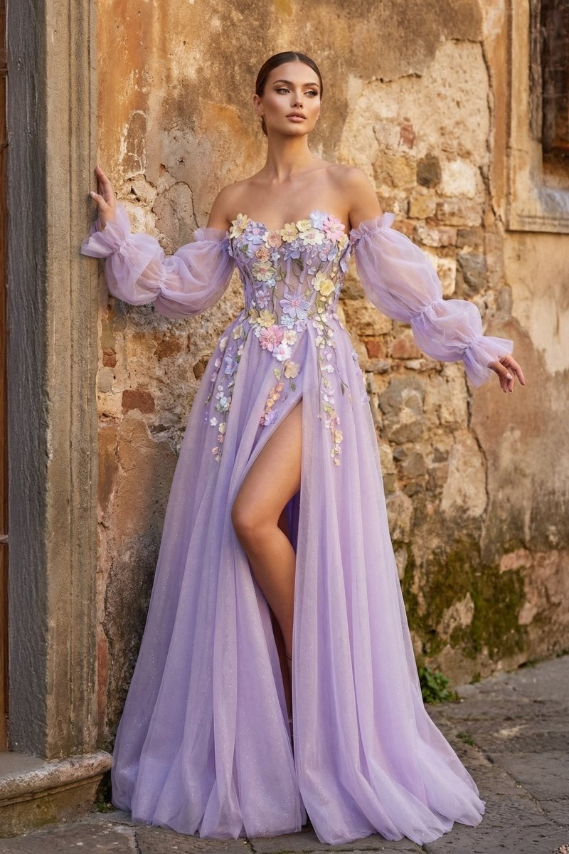 Lavender A-Line Strapless Tulle Prom Dress with 3D Flowers – Prom Dresses by KissProm | Available at KissProm