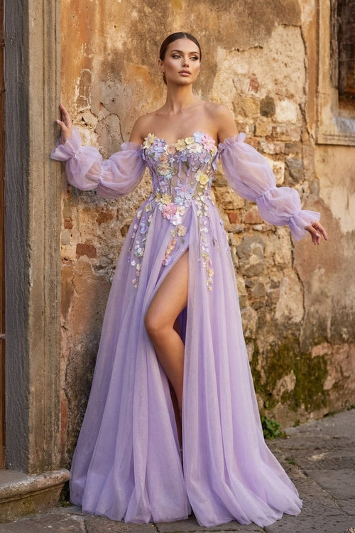 Lavender A-Line Strapless Tulle Prom Dress with 3D Flowers – Prom Dresses by KissProm | Available at KissProm
