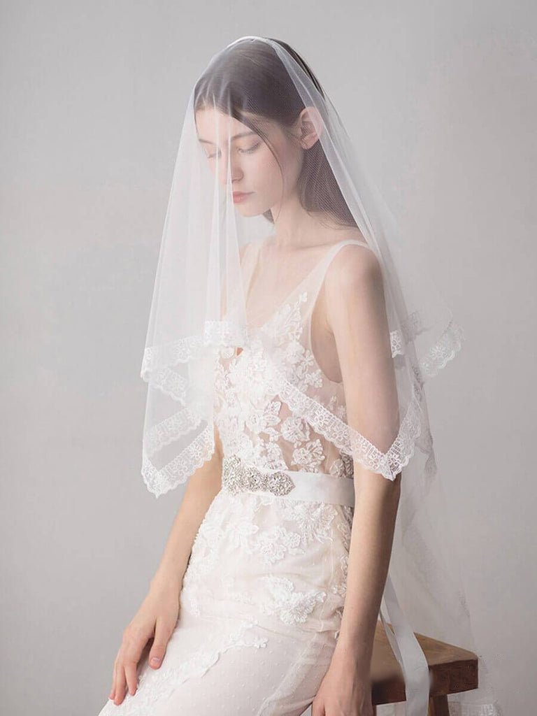 Lace Hemline Ivory Tulle Wedding Veils - KissProm