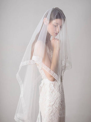 Lace Hemline Ivory Tulle Wedding Veils - KissProm