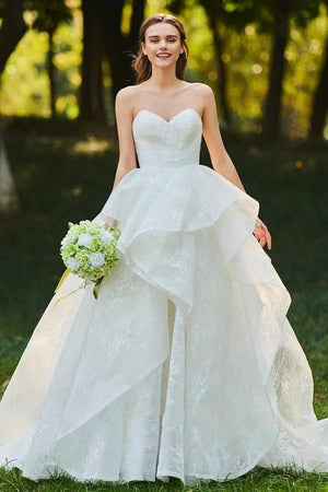 Runa | Lace Open Back Sweetheart Cascading Ruffles Sleeveless Bridal Ball Gown