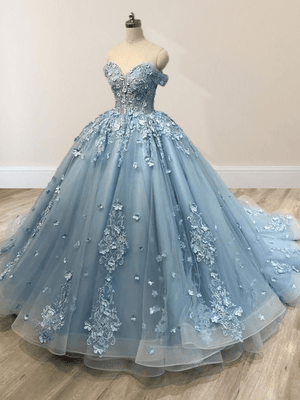 Lace Sky Blue Off the Shoulder Ball Gown Quinceanera Dresses – Quinceanera Dress by KissProm | Available at KissProm