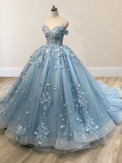 Lace Sky Blue Off the Shoulder Ball Gown Quinceanera Dresses – Quinceanera Dress by KissProm | Available at KissProm