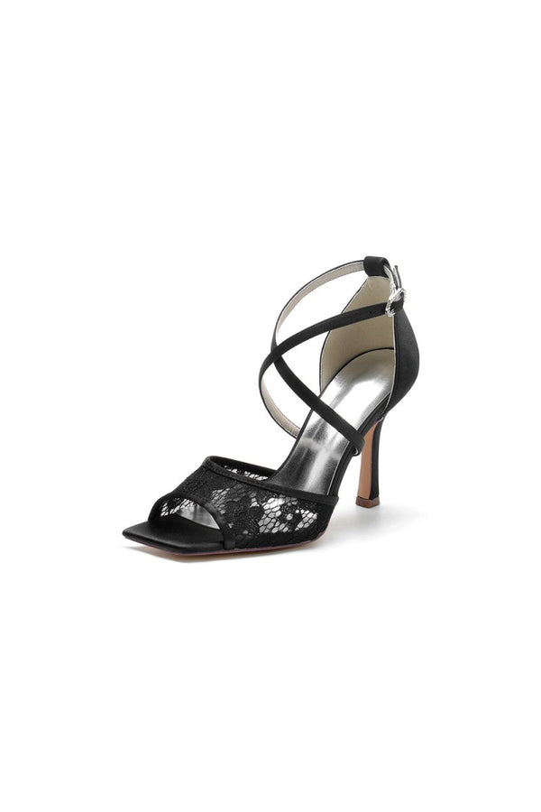 Lace Square Open Toe Cross Strap Chunky Heels - KissProm