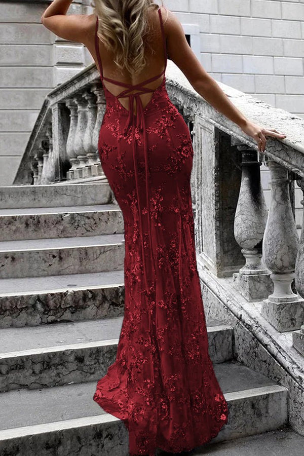 Lace-Up Mermaid Long Gold Prom Dress with Sequins – Prom Dress by KissProm | Available at KissProm