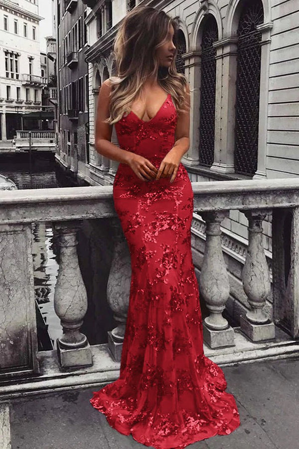Lace-Up Mermaid Long Gold Prom Dress with Sequins – Prom Dress by KissProm | Available at KissProm