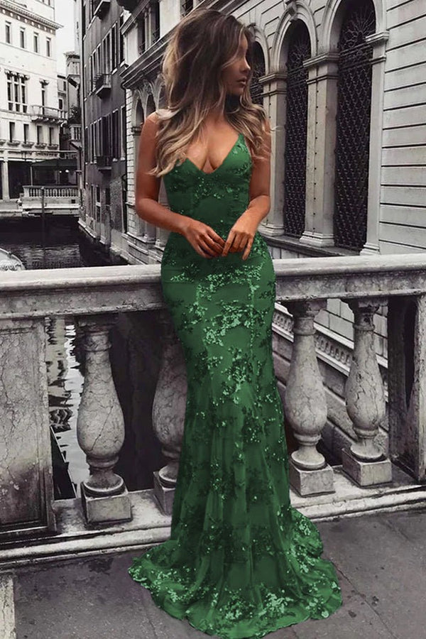 Lace-Up Mermaid Long Gold Prom Dress with Sequins – Prom Dress by KissProm | Available at KissProm