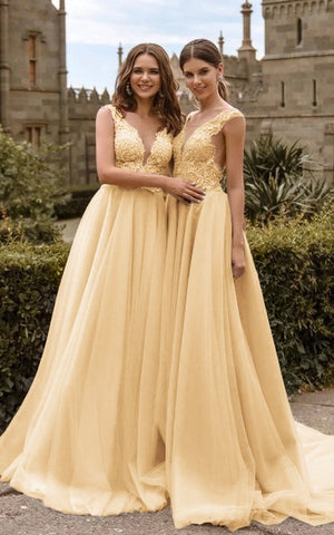 Lace V Neck Bridesmaid Dresses Sexy Illusion Back Tulle Dresses