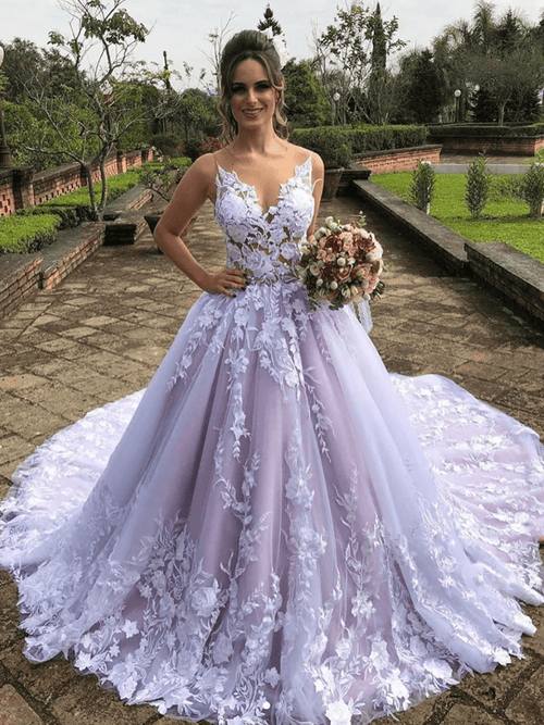 Light Purple Sleeveless A Line V-Neck Lace Wedding Dresses – Wedding Dresses by KissProm | Available at KissProm