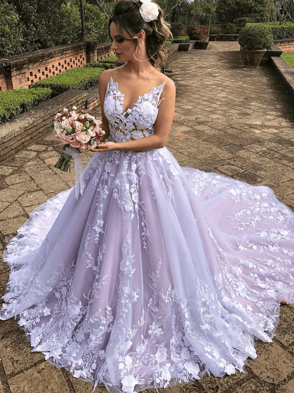 Light Purple Sleeveless A Line V-Neck Lace Wedding Dresses – Wedding Dresses by KissProm | Available at KissProm