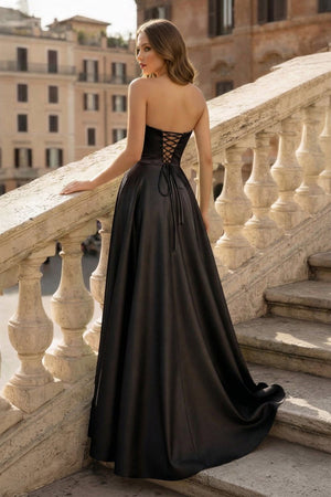 Lachlan | Satin A - Line Scoop Empire - Waist Pleated Satin High Slit Formal Prom Dress - KissProm