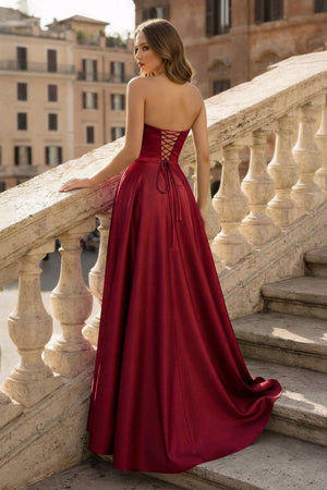 Lachlan | Satin A - Line Scoop Empire - Waist Pleated Satin High Slit Formal Prom Dress - KissProm