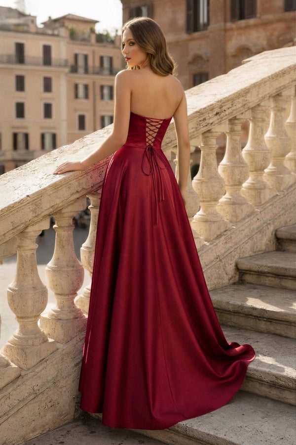 Lachlan | Satin A - Line Scoop Empire - Waist Pleated Satin High Slit Formal Prom Dress - KissProm