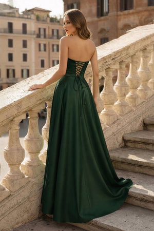Lachlan | Satin A - Line Scoop Empire - Waist Pleated Satin High Slit Formal Prom Dress - KissProm
