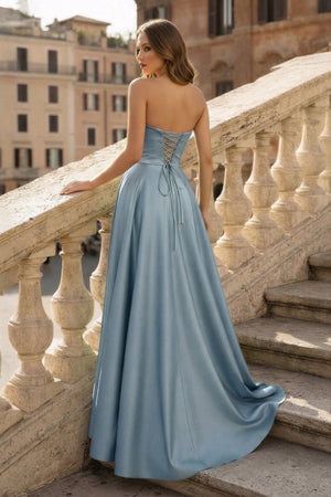 Lachlan | Satin A - Line Scoop Empire - Waist Pleated Satin High Slit Formal Prom Dress - KissProm