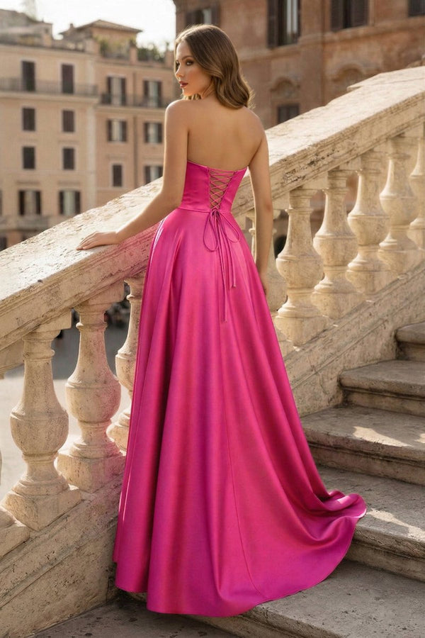Lachlan | Satin A - Line Scoop Empire - Waist Pleated Satin High Slit Formal Prom Dress - KissProm