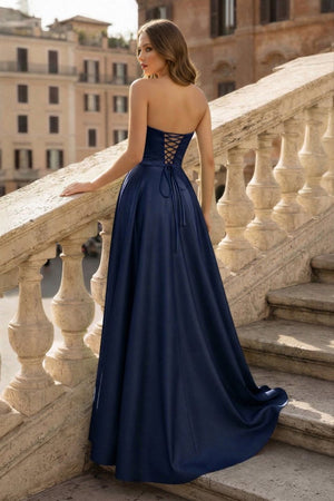 Lachlan | Satin A - Line Scoop Empire - Waist Pleated Satin High Slit Formal Prom Dress - KissProm