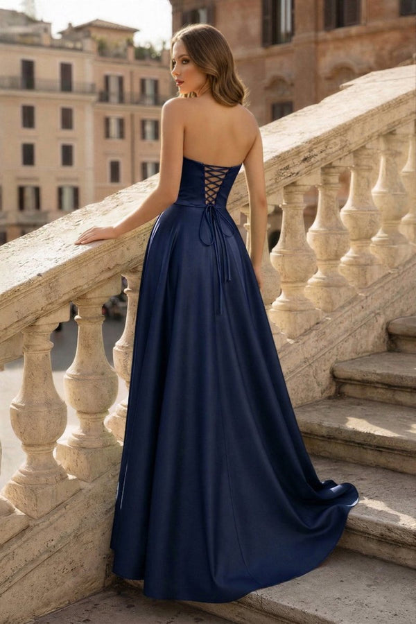 Lachlan | Satin A - Line Scoop Empire - Waist Pleated Satin High Slit Formal Prom Dress - KissProm