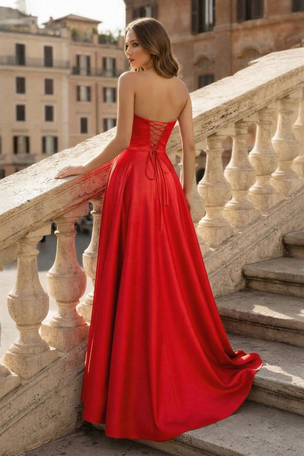 Lachlan | Satin A - Line Scoop Empire - Waist Pleated Satin High Slit Formal Prom Dress - KissProm