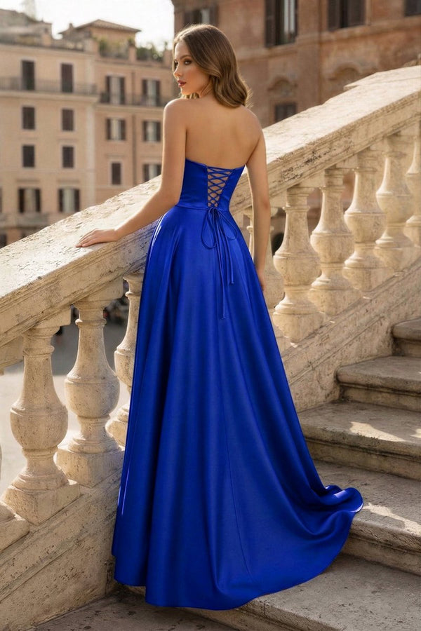 Lachlan | Satin A - Line Scoop Empire - Waist Pleated Satin High Slit Formal Prom Dress - KissProm