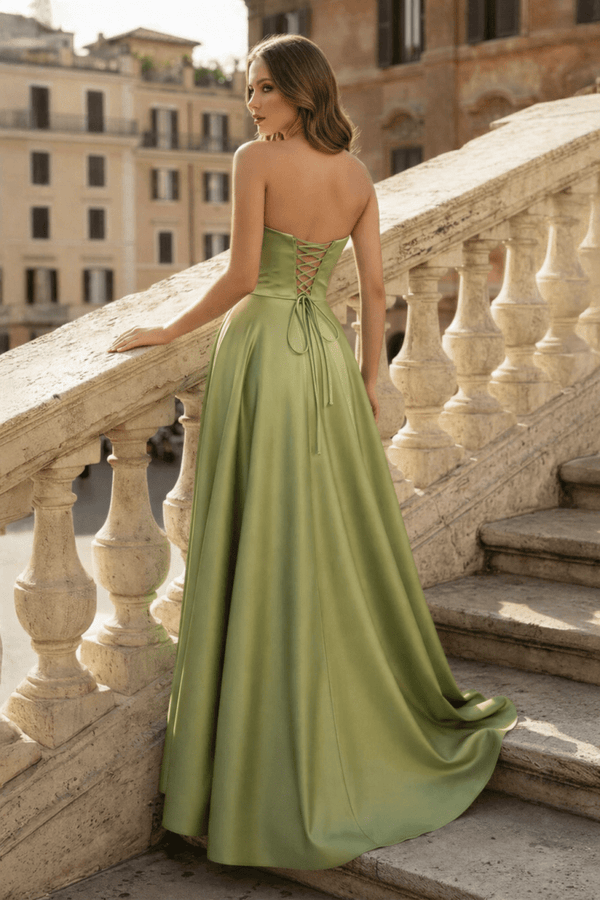 Lachlan | Satin A - Line Scoop Empire - Waist Pleated Satin High Slit Formal Prom Dress - KissProm