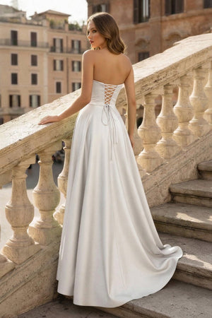 Lachlan | Satin A - Line Scoop Empire - Waist Pleated Satin High Slit Formal Prom Dress - KissProm
