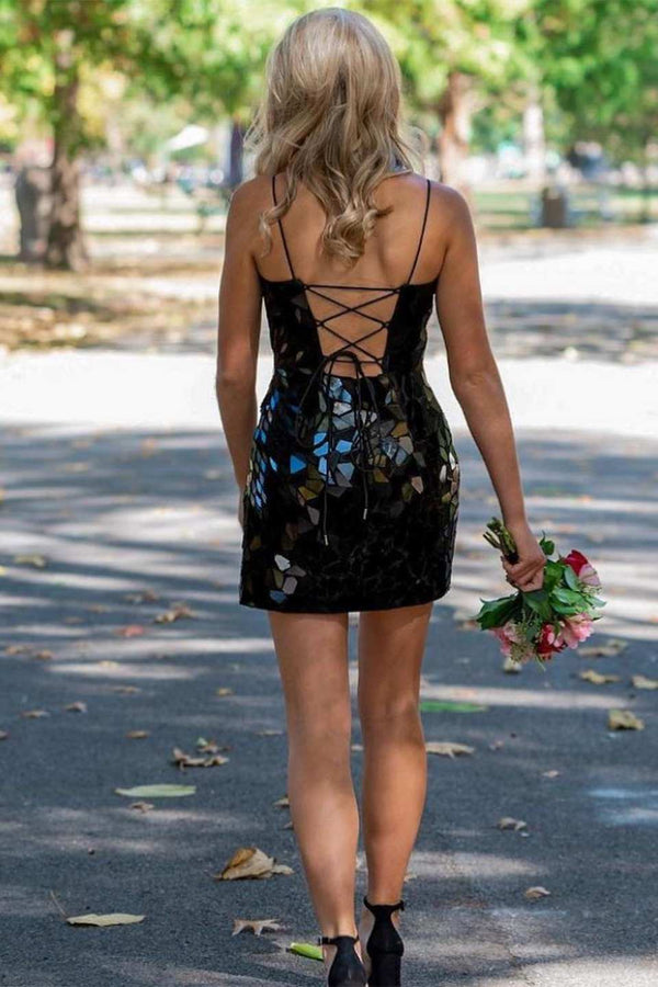 Elva | Blue Cut Glass Mirror Straps Mini Homecoming Dress with Slit