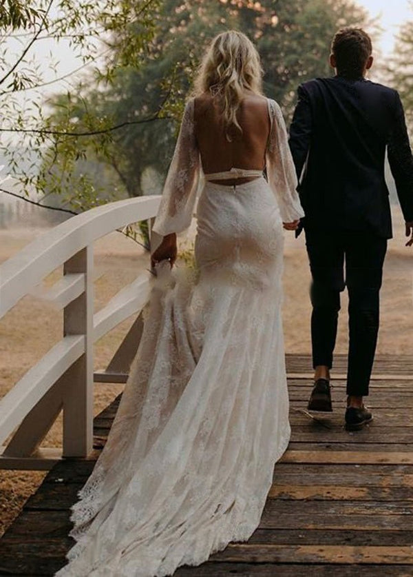 Long Lartern Sleeve Mermaid V-Neck Backless Lace Bohemian Wedding Dresses – Wedding Dresses by KissProm | Available at KissProm