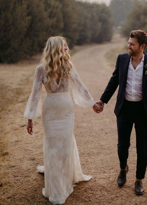 Long Lartern Sleeve Mermaid V-Neck Backless Lace Bohemian Wedding Dresses – Wedding Dresses by KissProm | Available at KissProm