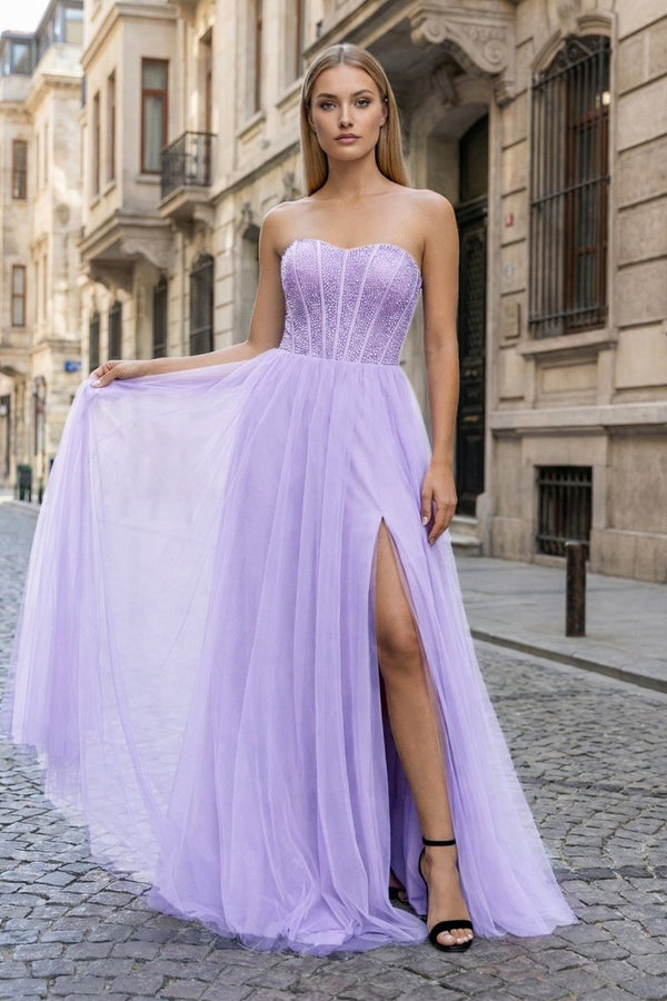 A - Line Sweetheart Beads Empire - Waist Sleeveless Prom Dress With Slit - KissProm
