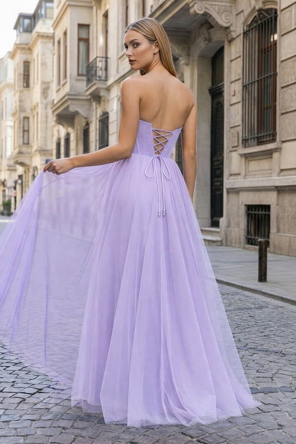 A - Line Sweetheart Beads Empire - Waist Sleeveless Prom Dress With Slit - KissProm