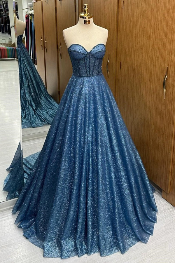 Leon | Navy Blue Sequin Beaded Sweetheart A - Line Long Prom Dress - KissProm