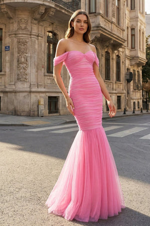 Off Shoulder Pink Ruched Long Prom Dress with Ruffle Hem - KissProm