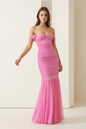 Sadia | Off Shoulder Pink Ruched Long Prom Dress with Ruffle Hem - KissProm