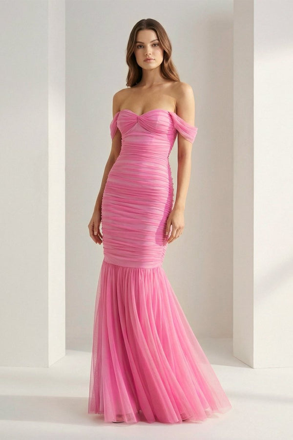 Sadia | Off Shoulder Pink Ruched Long Prom Dress with Ruffle Hem - KissProm