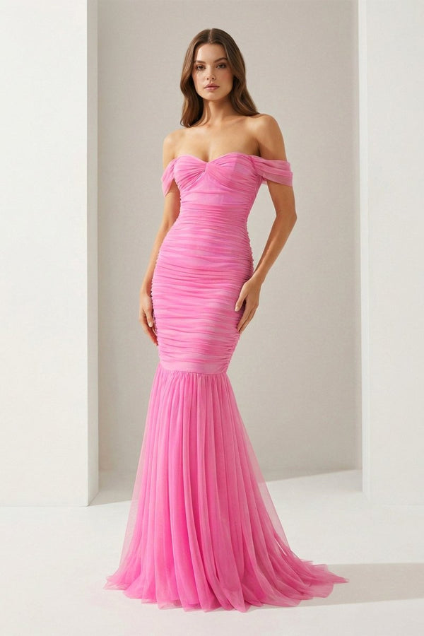 Sadia | Off Shoulder Pink Ruched Long Prom Dress with Ruffle Hem - KissProm