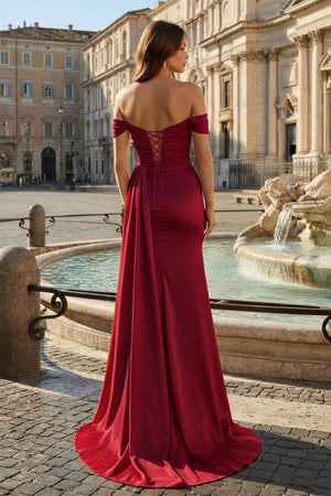 Pink Mermaid Off The Shoulder Satin Beaded Long Prom Dresses With Slit – Prom Dresses by KissProm | Available at KissProm