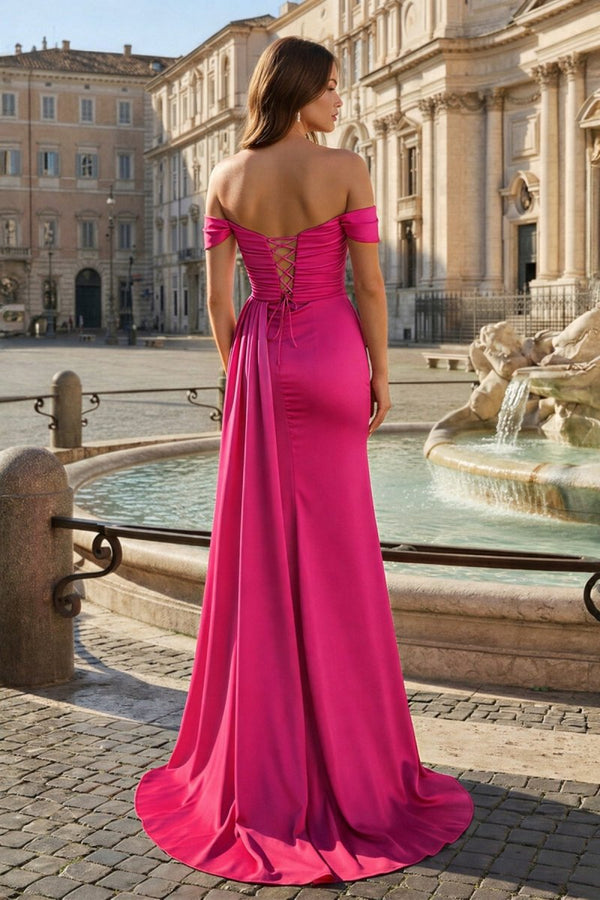 Pink Mermaid Off The Shoulder Satin Beaded Long Prom Dresses With Slit – Prom Dresses by KissProm | Available at KissProm