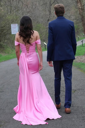 Pink Mermaid Off The Shoulder Satin Beaded Long Prom Dresses With Slit – Prom Dresses by KissProm | Available at KissProm