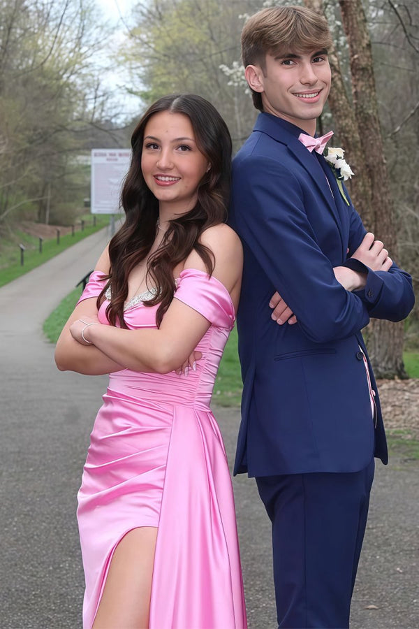 Pink Mermaid Off The Shoulder Satin Beaded Long Prom Dresses With Slit – Prom Dresses by KissProm | Available at KissProm