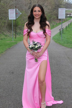 Pink Mermaid Off The Shoulder Satin Beaded Long Prom Dresses With Slit – Prom Dresses by KissProm | Available at KissProm