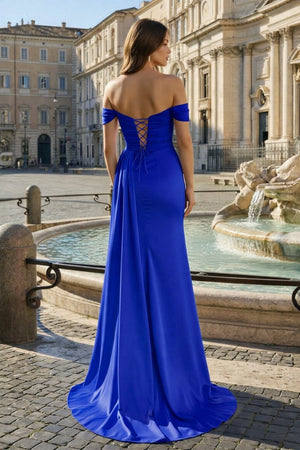Pink Mermaid Off The Shoulder Satin Beaded Long Prom Dresses With Slit – Prom Dresses by KissProm | Available at KissProm