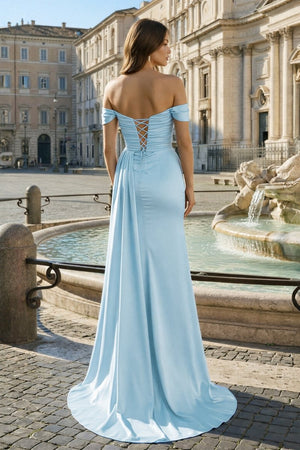 Pink Mermaid Off The Shoulder Satin Beaded Long Prom Dresses With Slit – Prom Dresses by KissProm | Available at KissProm