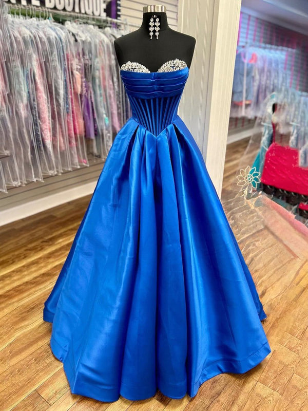 A-Line Beaded Sweetheart Royal Blue Satin Prom Dress – Prom Dresses by KissProm | Available at KissProm