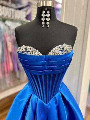 A-Line Beaded Sweetheart Royal Blue Satin Prom Dress – Prom Dresses by KissProm | Available at KissProm