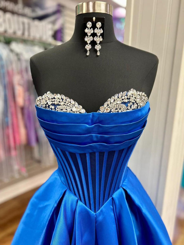 A-Line Beaded Sweetheart Royal Blue Satin Prom Dress – Prom Dresses by KissProm | Available at KissProm