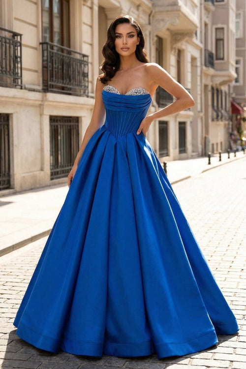 A-Line Beaded Sweetheart Royal Blue Satin Prom Dress – Prom Dresses by KissProm | Available at KissProm